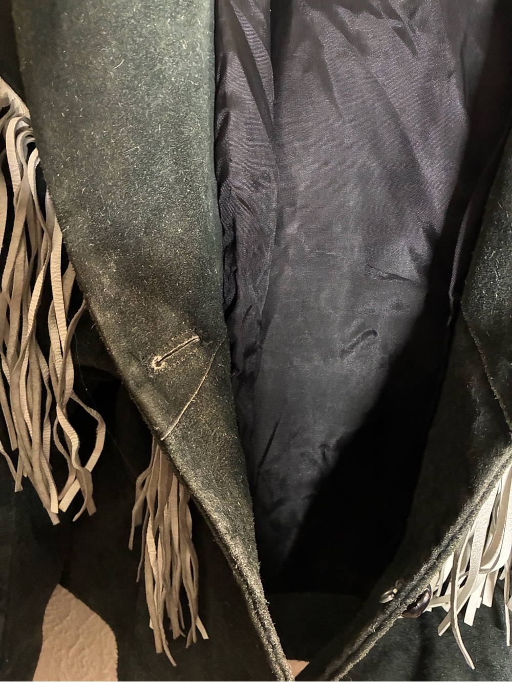 Fringed Suede Leather Jacket in Dark Gray with White Fringe - Picture 3 of 16